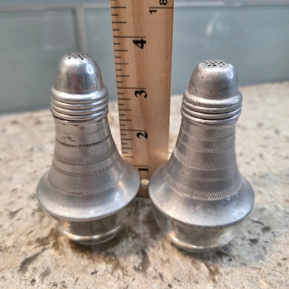 Vintage MCM Aluminum Glass Salt and Pepper Shakers Set Bell Shape 1950'S